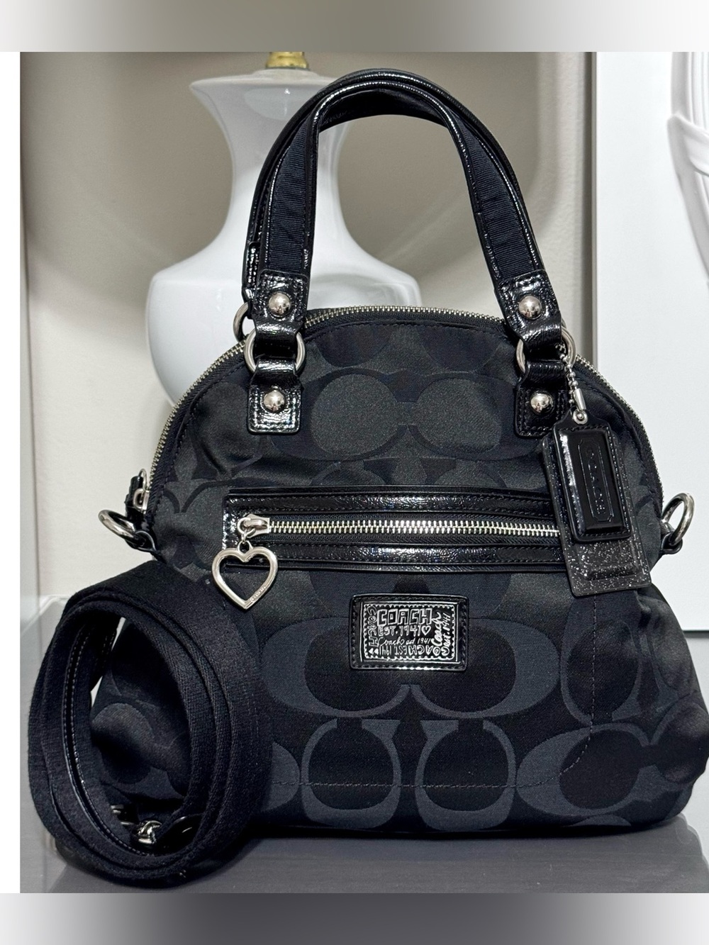 COACH Poppy Daisy Signature F21713 Black-on-Black Satchel